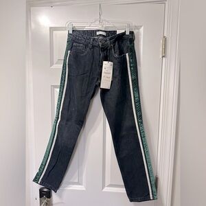 ZARA Dark wash cropped jeans with velvet green side stripe detail.